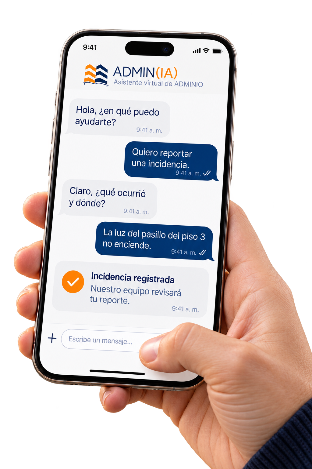 Ejemplo de conversación con ADMIN(IA) para reportar una incidencia desde el celular