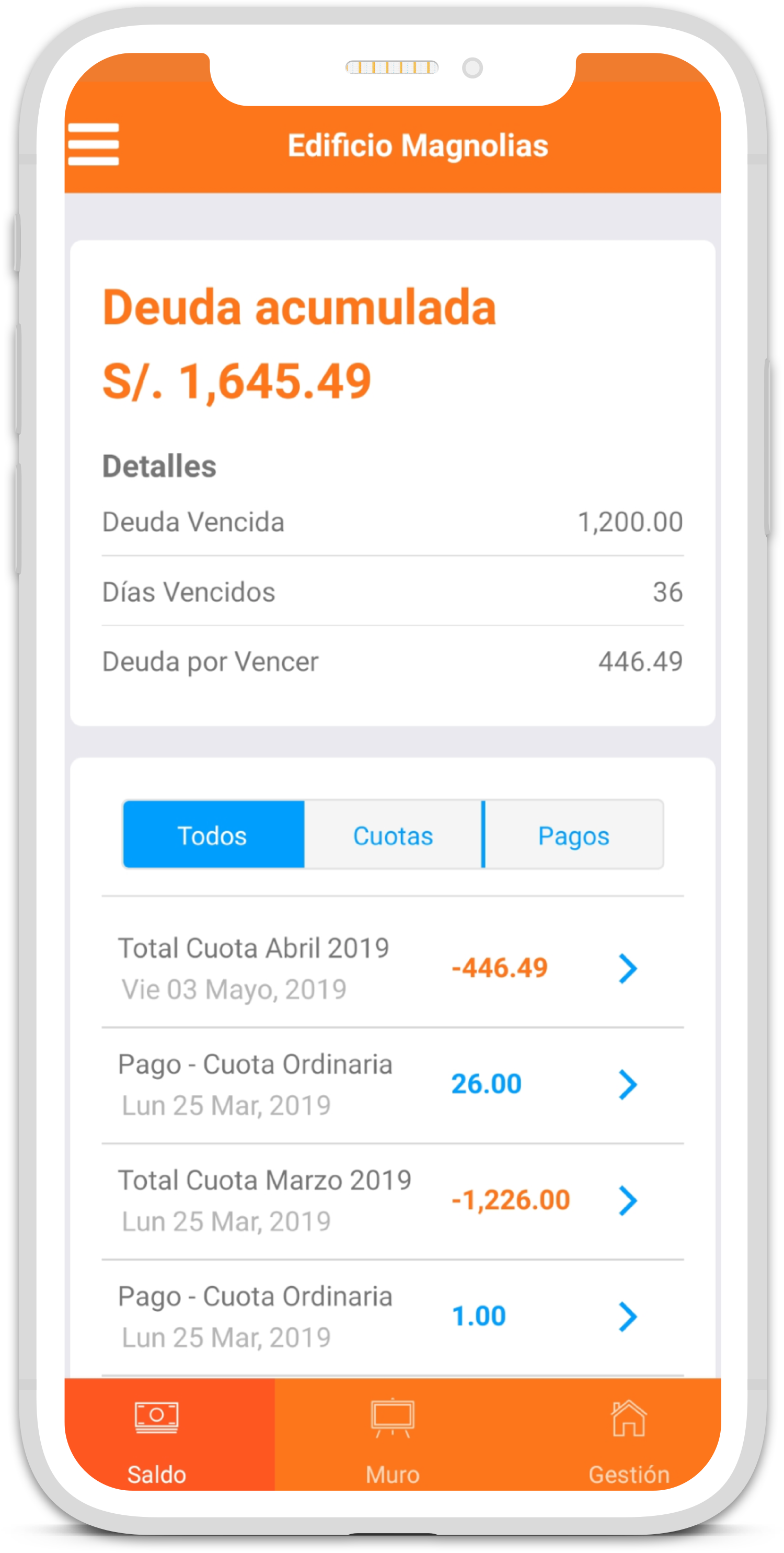Aplicación Vecinos 360 en un celular: consulta de cuotas, pagos y saldo de mantenimiento
